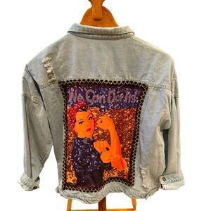 Rosie the Riveter Upcycled Light Wash Denim Embellished Button Up Jacket  Sz M
